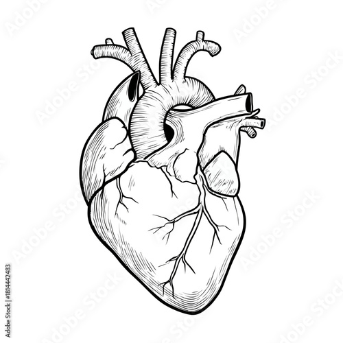 Detailed anatomical human heart illustration in a vintage hand-drawn style, perfect for medical, health, and cardiology concepts.