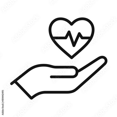 Vector line icon of a hand holding a heart with an ECG heartbeat. Medical health care, life insurance, and cardiac support concept.