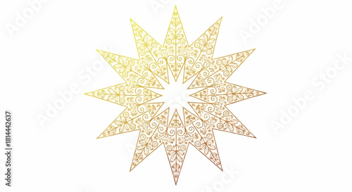 A golden starburst with intricate floral patterns on a white background creating a festive design