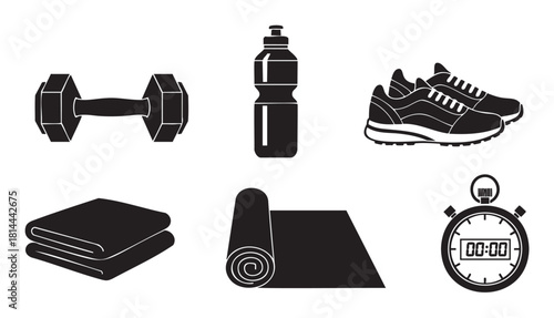 Minimalist collection of black silhouette icons representing essential gym and fitness equipment, including a dumbbell, water bottle, sneakers, towel, mat, and a stopwatch