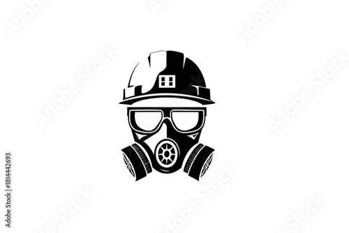 Industrial worker safety gear symbol: hard hat and gas mask. Protective equipment graphic for occupational health and hazard prevention.
