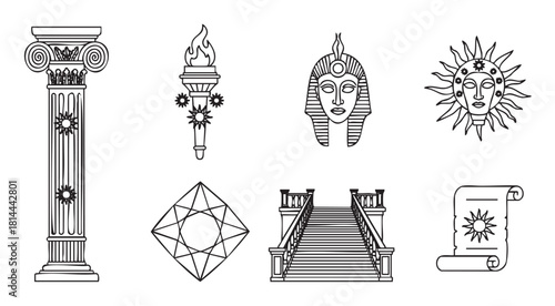 Collection of esoteric and ancient symbols like a classical column, pharaoh, flaming torch, sun god, gem, and staircase, drawn in a black and white line art vector style