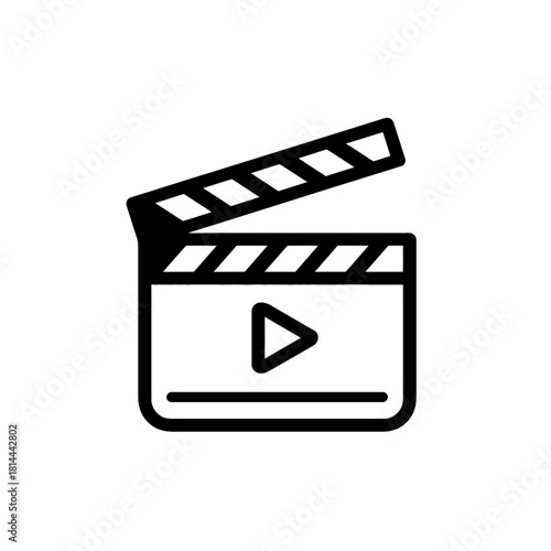 Movie Clapperboard and Play Button Icon. Simple line art symbol for video production, film making, media content, and creative industries.