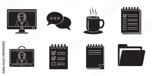 Simple black and white icon set for work from home and e-learning themes, including computer, chat bubble, coffee cup, checklist, and folder symbols in a doodle style