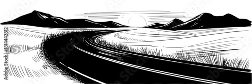 a winding road leading through hills toward distant mountains, with a sun rising or setting in the background.