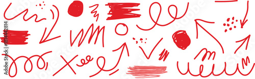 Collection of red hand drawn doodle elements and arrows isolated on