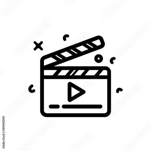 Movie Production Clapperboard with Play Button Icon. Film Industry Symbol in Doodle Line Art Style for Video Content
