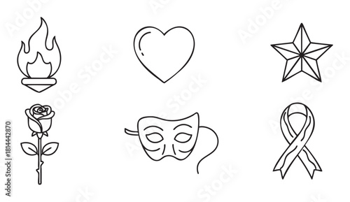Set of minimalist black line icons representing concepts like love, success, awareness, and performance, featuring a heart, star, ribbon, torch, rose, and mask