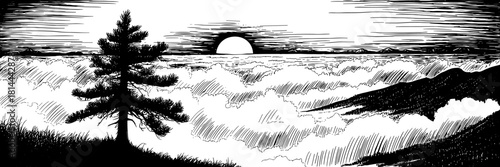 landscape sketch showing a lone tree silhouetted against a sea of clouds with the sun setting behind the distant horizon.