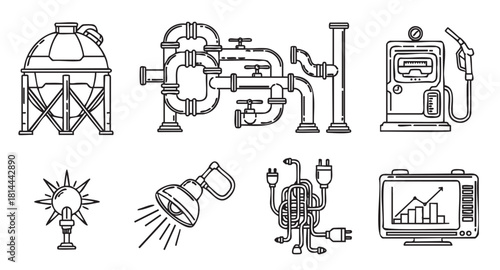 Set of black and white line art icons representing industry, energy, and technology, including a fuel tank, pipeline, gas pump, light, plugs, and a monitor with a graph