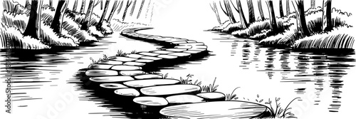 a winding stone path leading across a quiet river with trees on both sides.