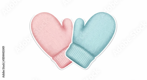 Watercolor illustration of pink and blue mittens overlapping on a white background winter apparel