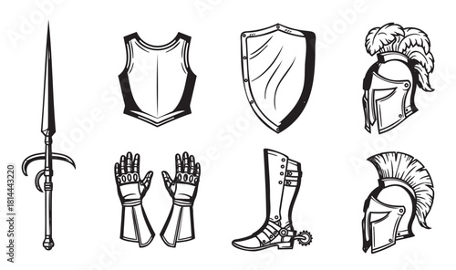 Set of black and white vector icons depicting medieval knight armor and weaponry, including a helmet, shield, spear, and gauntlets
