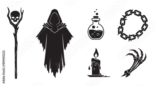 Gothic horror and dark magic icon collection with a cloaked wraith, skull staff, potion, spiked chain, candle, and skeleton hand in a black silhouette style