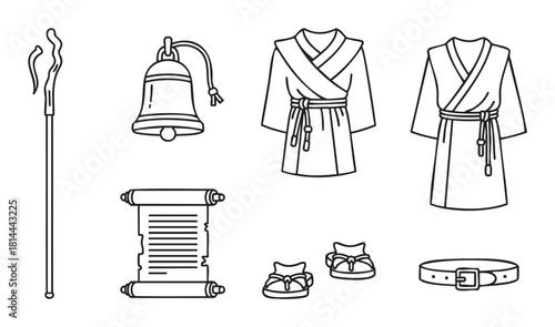 Collection of ancient or fantasy character equipment, featuring a robe, staff, scroll, bell, shoes, and belt, illustrated in a simple black outline style