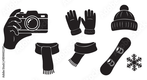 Collection of black silhouette icons representing winter activities and clothing, including a camera, snowboard, hat, gloves, and scarf