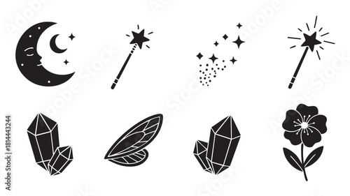 Collection of magical and mystical black silhouette icons including a crescent moon, stars, magic wands, crystals, a fairy wing, and a flower