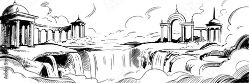 fantasy scene featuring ancient temples, flowing waterfalls, and dramatic clouds creating a majestic mythical world.