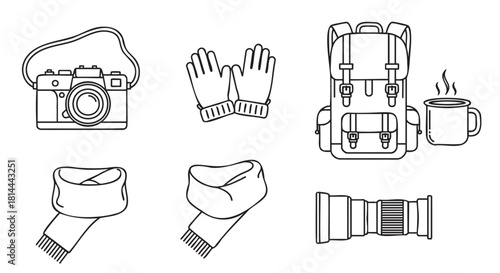 Minimalist vector illustration set of travel essentials for a winter adventure, including a camera, lens, backpack, warm scarf, gloves, and a hot drink in a mug