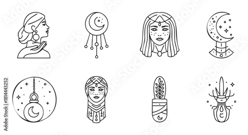 Collection of mystical and esoteric icons in a minimalist black line art style featuring celestial moons, stars, and feminine portraits