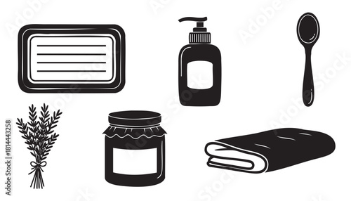 Minimalist set of black silhouette icons for spa, aromatherapy, and self-care, including a lotion bottle, soap dish, lavender bouquet, jar of cream, spoon, and folded towel