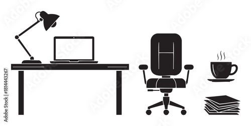 Set of black silhouette icons representing a modern office workspace, including a desk with a laptop, a chair, a coffee cup, and a stack of papers