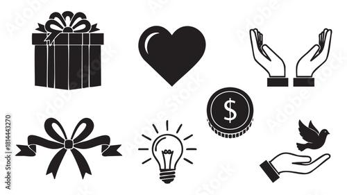 Collection of black and white icons representing charity, donation, and support, including a heart, gift, hands, money, lightbulb, and a dove