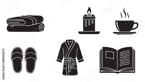 Minimalist collection of spa and wellness icons featuring a towel, candle, hot drink, slippers, bathrobe, and book, representing a cozy self-care concept