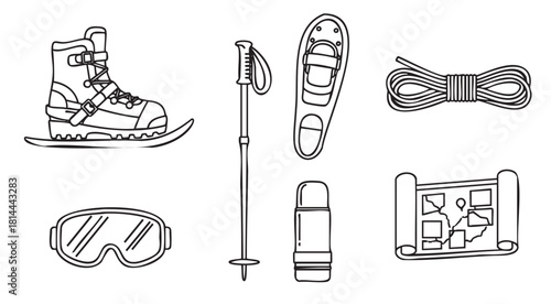 Collection of winter hiking and mountaineering equipment icons, including a boot, snowshoe, trekking pole, rope, goggles, thermos, and map, in a clean black and white line art style