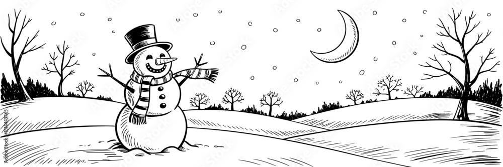 Naklejka premium winter illustration featuring a cheerful snowman under a crescent moon with falling snow and bare trees across rolling hills.