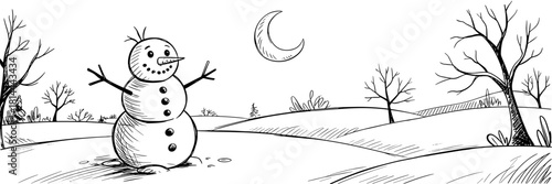 a simple snowman standing in a quiet field under a crescent moon with bare trees in the background.