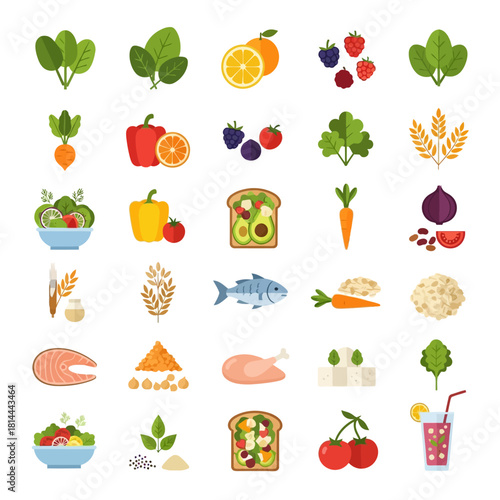 A vibrant collection of healthy food icons, showcasing fruits, vegetables, grains, proteins, and prepared meals for a balanced diet.