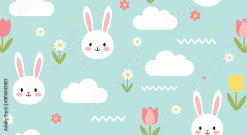 Cute pastel pattern with white bunnies, clouds, and tulips on a light blue background.