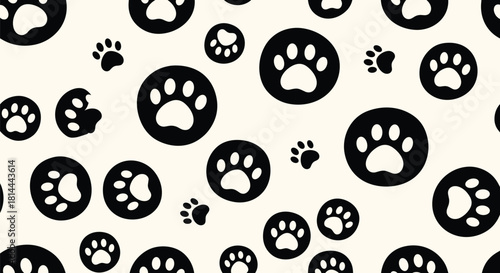 A seamless pattern of black paw prints on a light cream background.