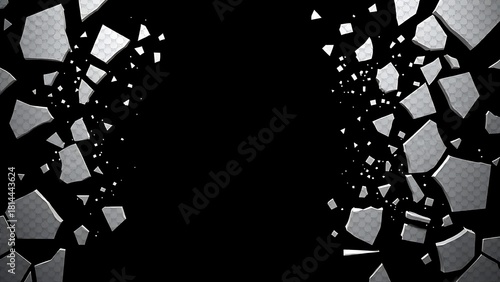 epilogue. Shattered frame border with fragments dispersing on dark background, breaking constraints concept. wellbeing guides.