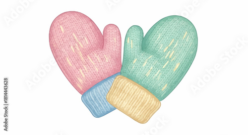 Two knitted mittens in pastel colors pink and green with two rectangular bars overlapping each other