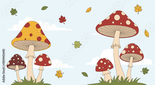 A playful illustration of assorted spotted mushrooms and falling autumn leaves against a cloudy sky.