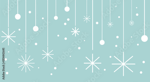 Delicate white snowflakes and baubles hang on thin strings against a soft blue background.