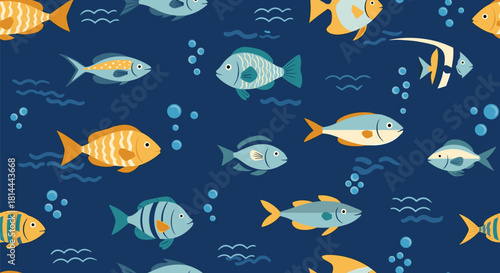 A seamless pattern of colorful cartoon fish swimming in a dark blue ocean with bubbles and waves.