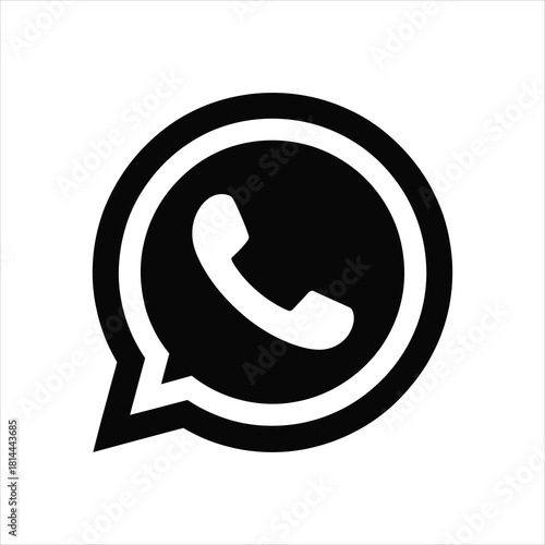 Black message bubble encompasses a sleek white telephone receiver icon with transparent background