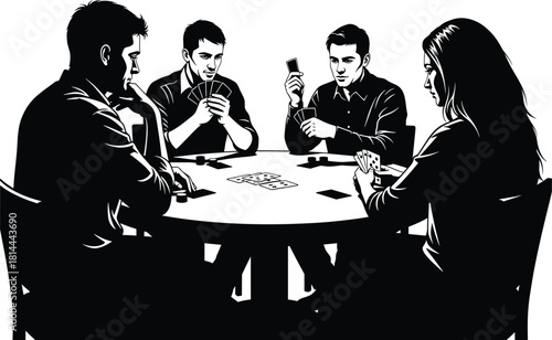 Four people playing cards at a round table card game, card game, poker, gambling, playing cards, table, people, men, women, holding cards, chips, concentration, strategy, leisure, entertainment, indoo