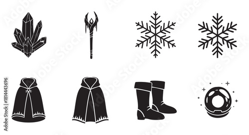 Collection of black silhouette icons for a fantasy winter theme, featuring magic crystals, an icy staff, snowflakes, hooded cloaks, boots, and a sparkling orb