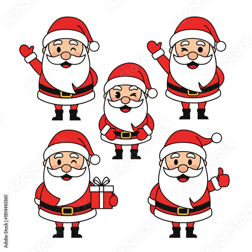 Five cute cartoon Santa Claus characters in various poses, perfect for Christmas and holiday designs and illustrations.