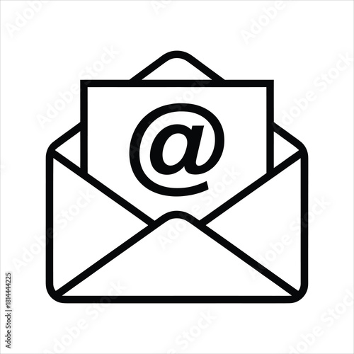 Black lined open envelope contains the email symbol on a white background