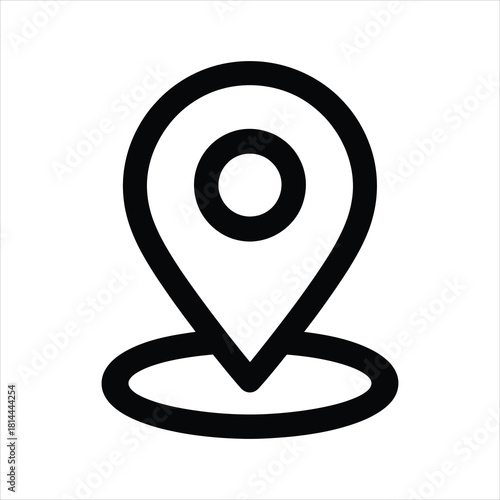 Black outline of a round location pin marker above a black circle, transparent background