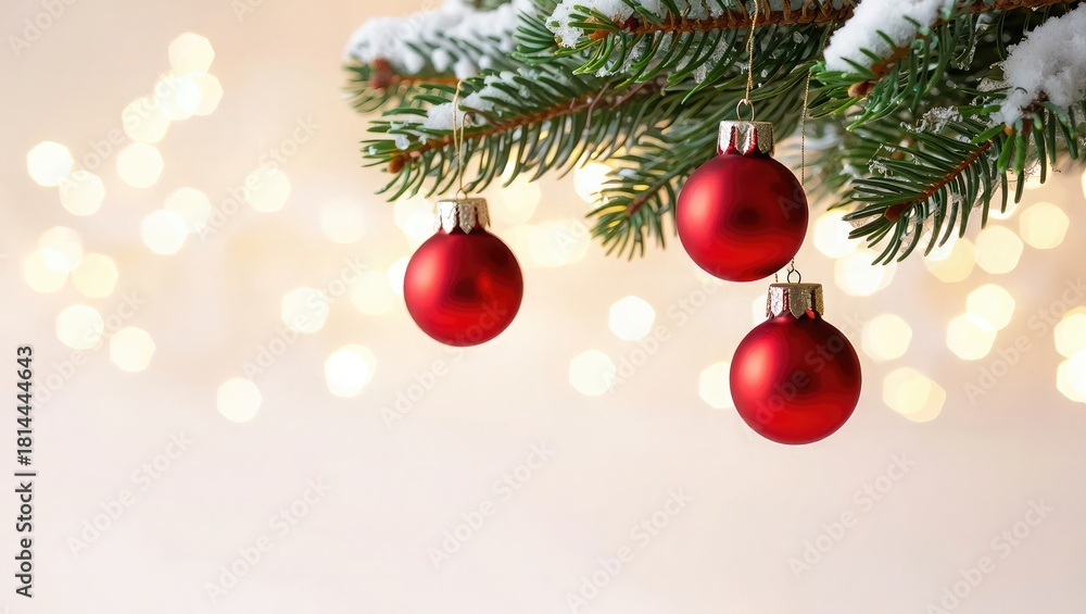 Obraz premium Red Christmas Ornaments on Snowy Fir Branch with Bokeh Lights