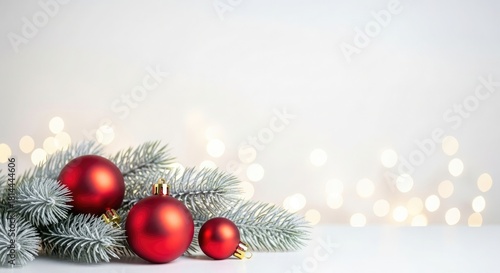 Red Christmas Ornaments on Frosted Pine Branches with Bokeh Lights