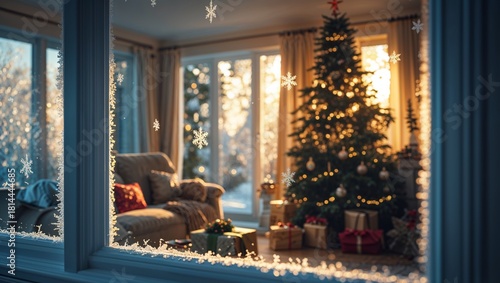 Cozy Christmas living room seen through a frosted window, with warm glowing lights, decorated tree, and wrapped gifts creating a magical winter atmosphere