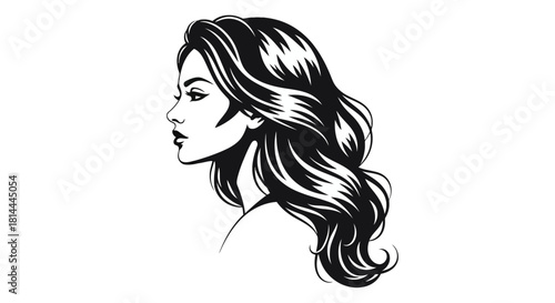 Elegant woman s profile silhouette with flowing hair isolated on white background