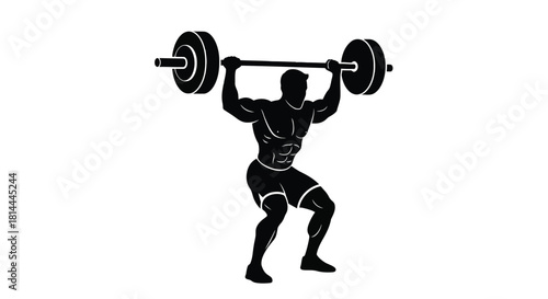 Muscular man lifting heavy barbell silhouette isolated on white background